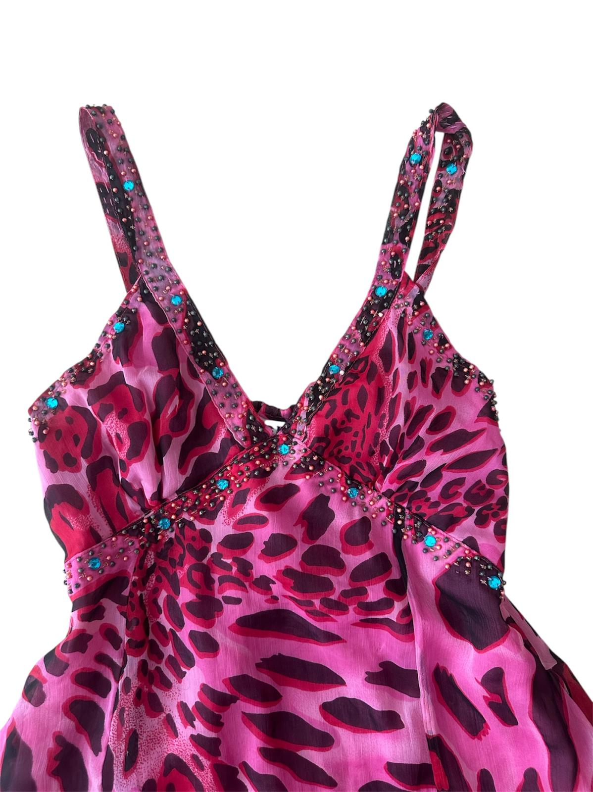 Pembe Leoparlı Taşlı Elbise