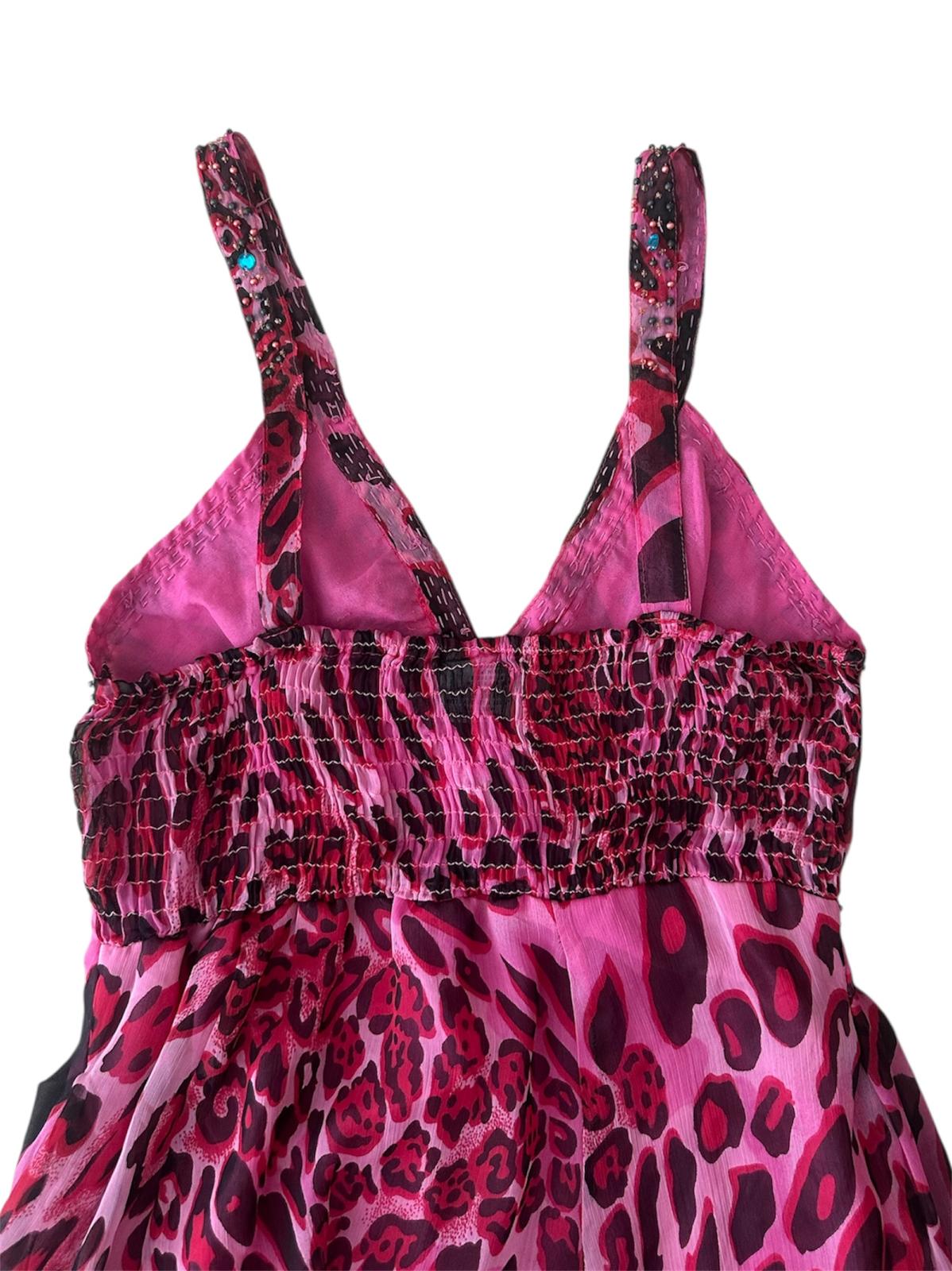 Pembe Leoparlı Taşlı Elbise