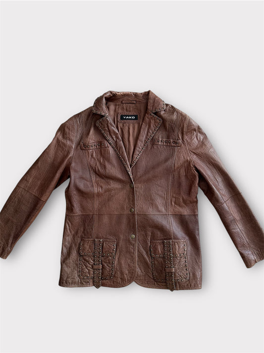 Vintage Oversize Zımba Detaylı Deri Ceket