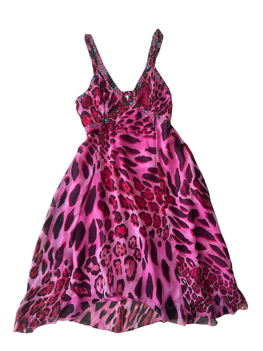 Pembe Leoparlı Taşlı Elbise