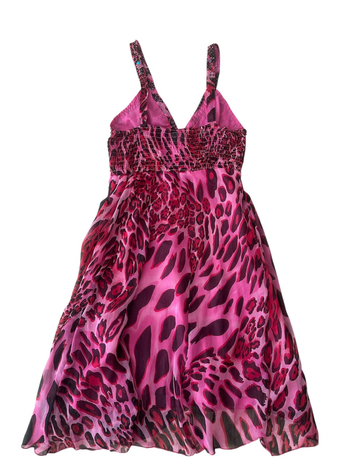 Pembe Leoparlı Taşlı Elbise