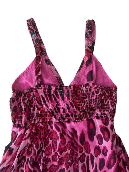 Pembe Leoparlı Taşlı Elbise